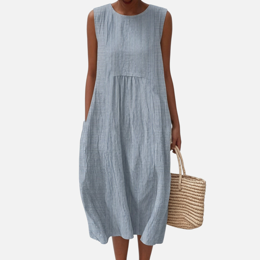 Bárbara | Vestido midi sin mangas de rayas finas azul grisáceo