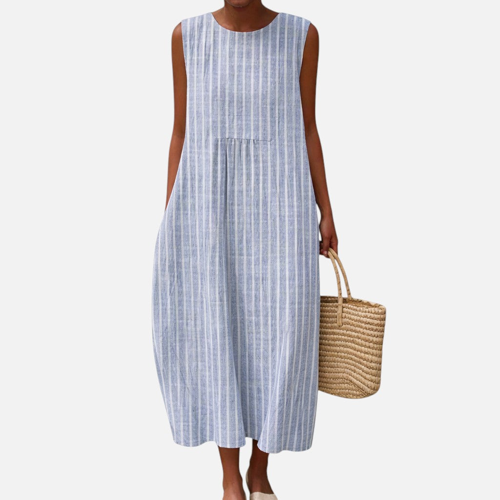 Laura | Vestido midi sin mangas de rayas finas azul claro