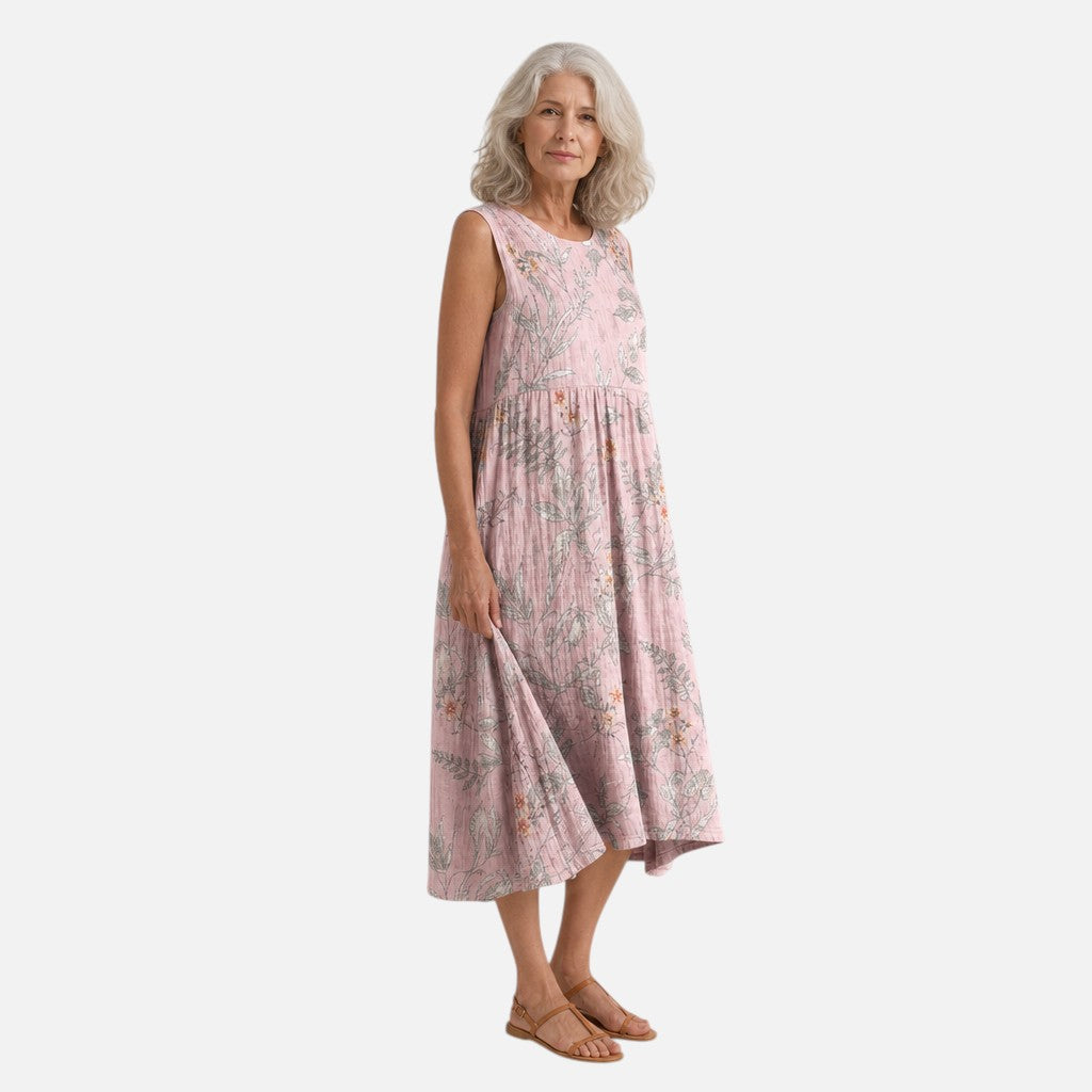 Arantxa | Vestido midi sin mangas con ramas grises sobre rosa