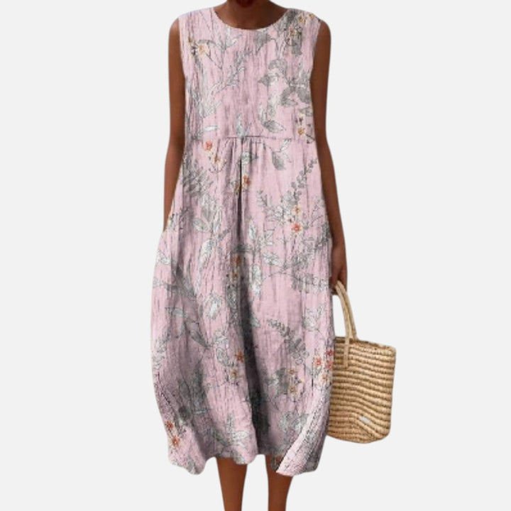 Arantxa | Vestido midi sin mangas con ramas grises sobre rosa