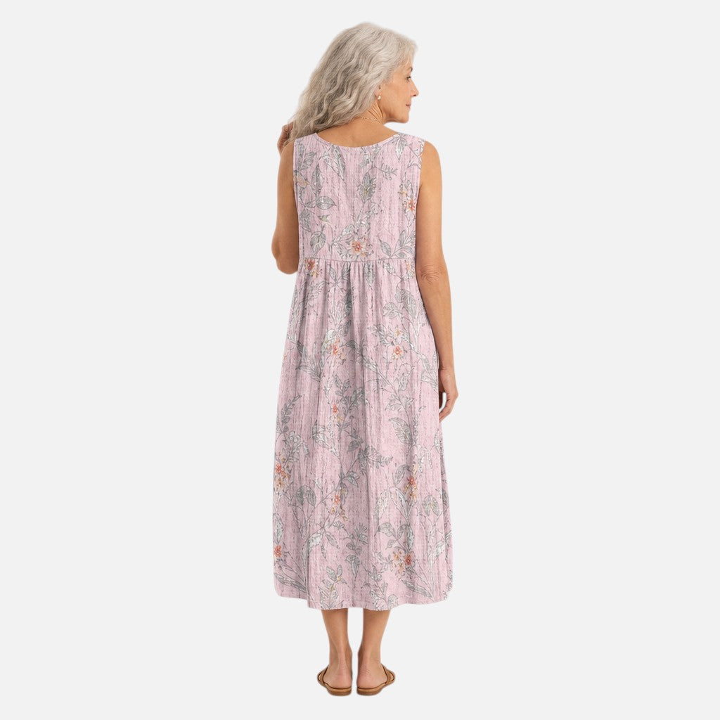Arantxa | Vestido midi sin mangas con ramas grises sobre rosa
