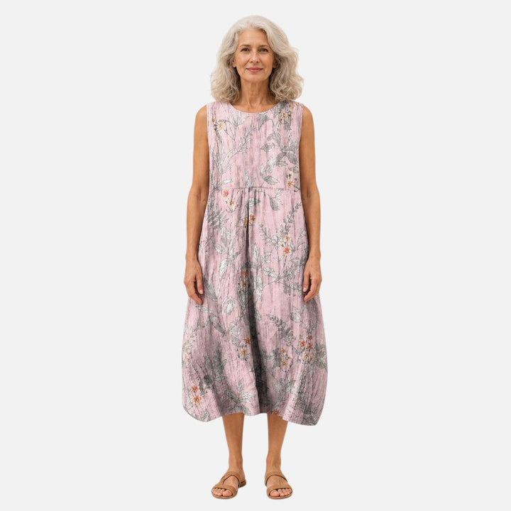 Arantxa | Vestido midi sin mangas con ramas grises sobre rosa