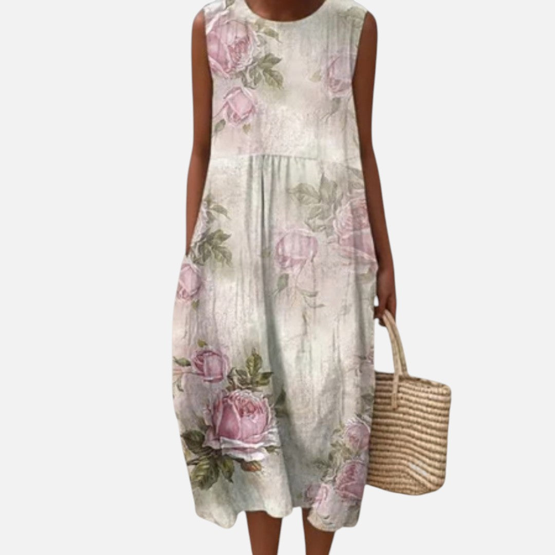 Beatriz | Vestido midi sin mangas con rosas sobre crema