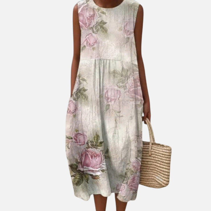 Beatriz | Vestido midi sin mangas con rosas sobre crema