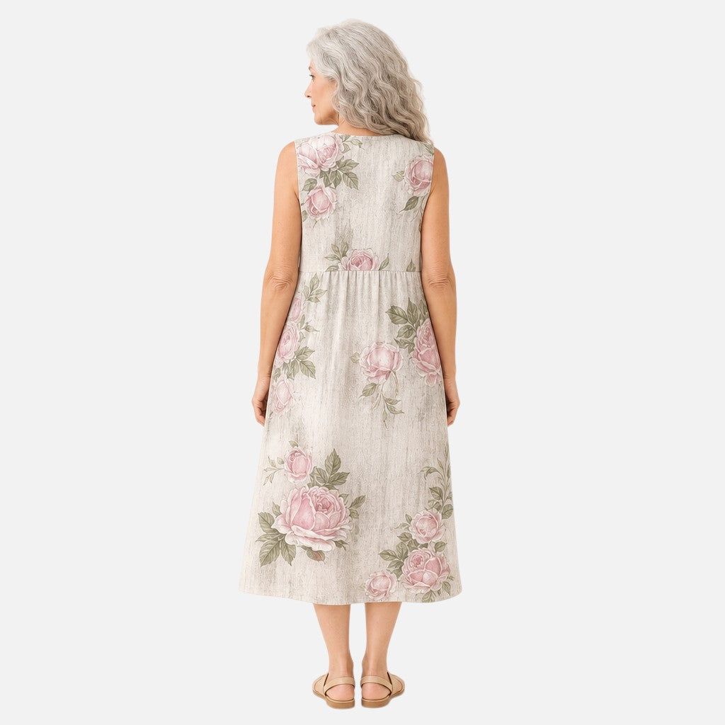 Beatriz | Vestido midi sin mangas con rosas sobre crema