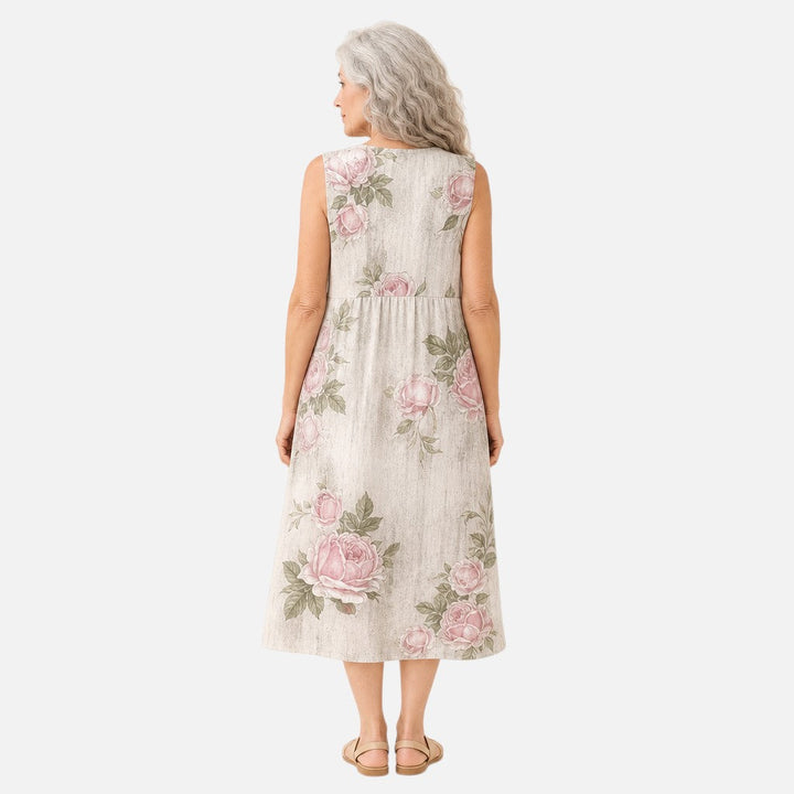 Beatriz | Vestido midi sin mangas con rosas sobre crema
