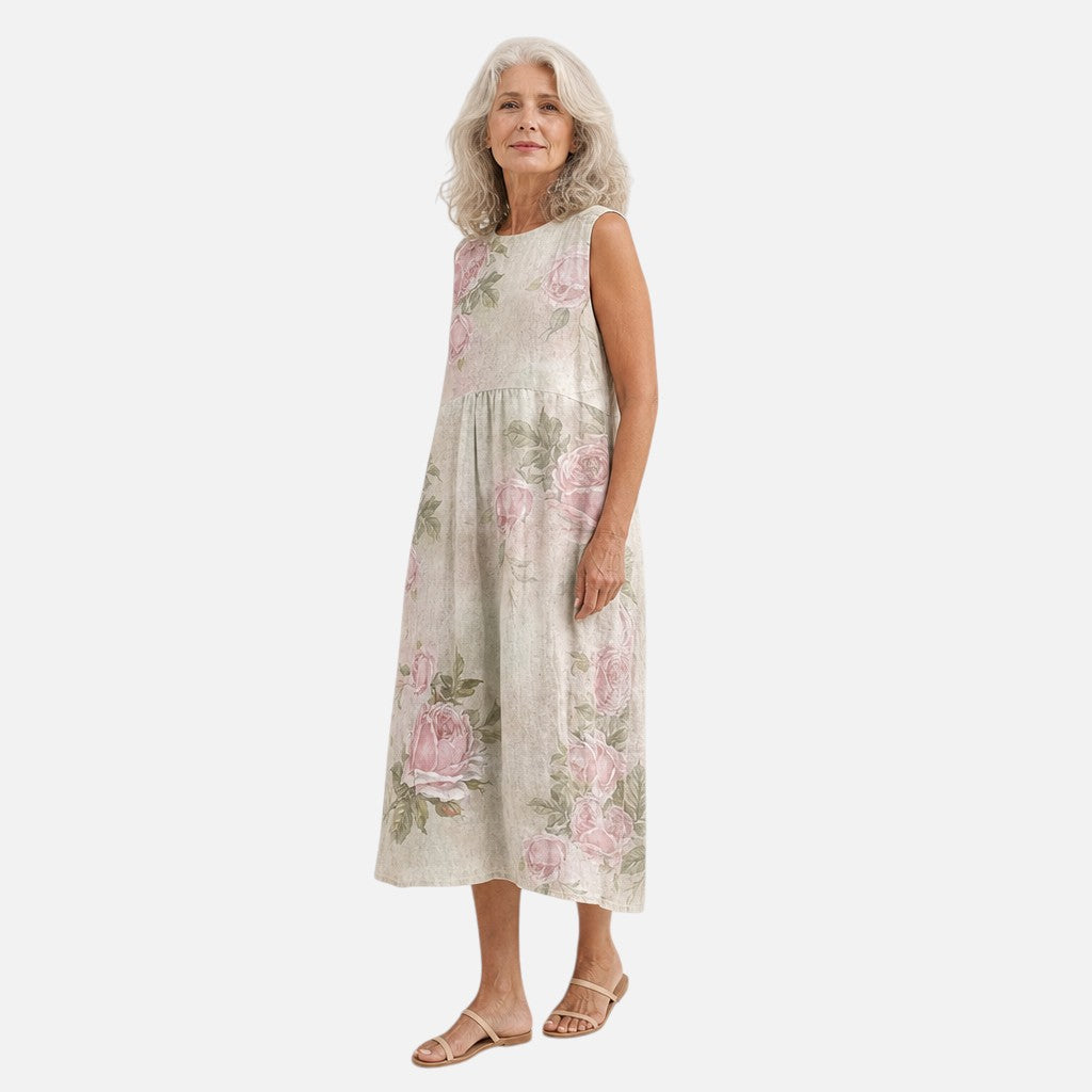 Beatriz | Vestido midi sin mangas con rosas sobre crema