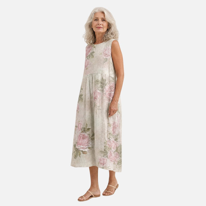 Beatriz | Vestido midi sin mangas con rosas sobre crema