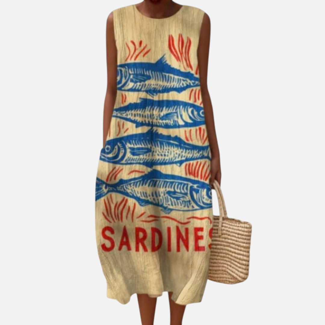 Eva | Vestido midi sin mangas con estampado de sardinas