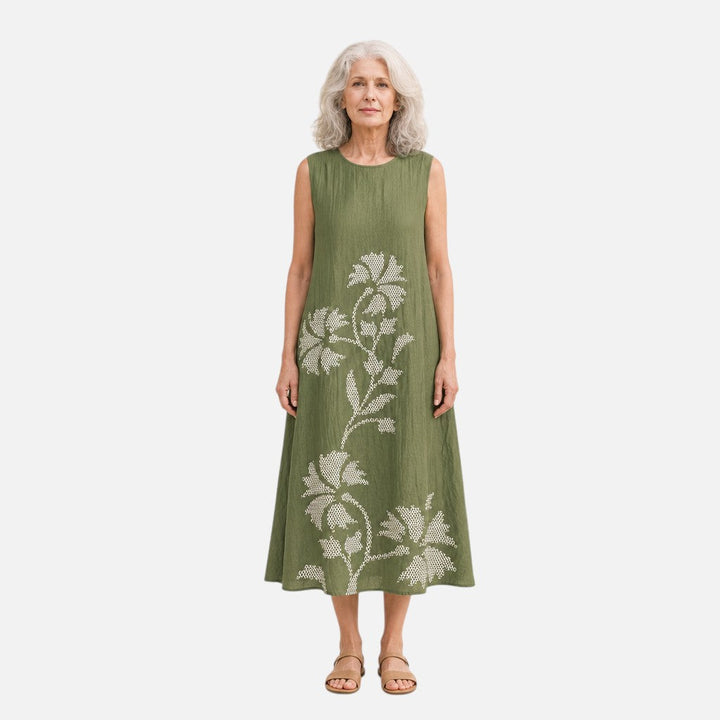 Leticia | Vestido midi sin mangas en verde oliva con ramas blancas