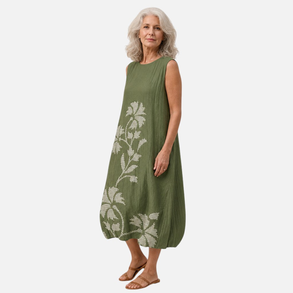 Leticia | Vestido midi sin mangas en verde oliva con ramas blancas