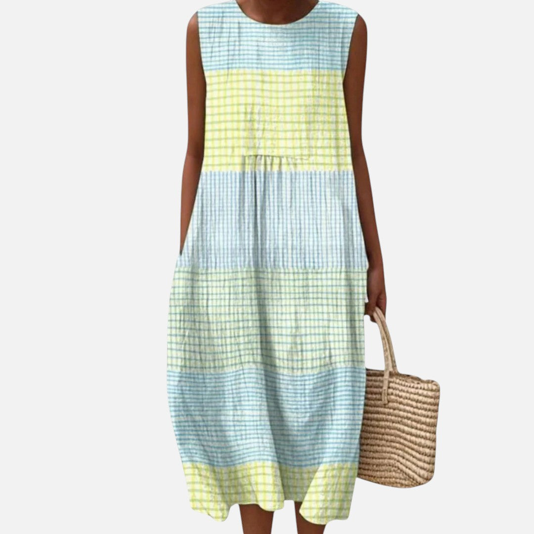 Blanca | Vestido midi sin mangas con cuadros vichy en bandas