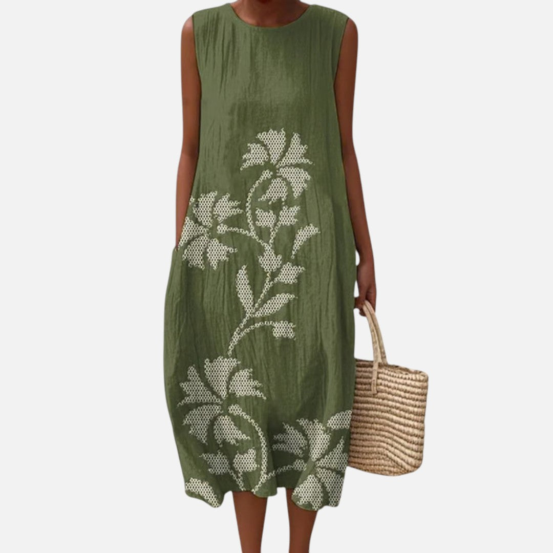 Leticia | Vestido midi sin mangas en verde oliva con ramas blancas