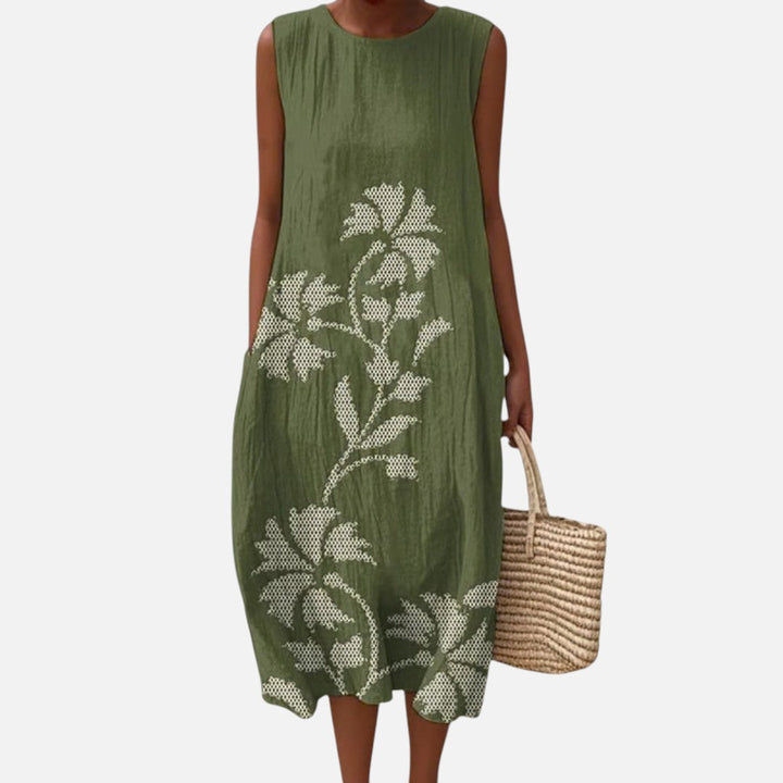 Leticia | Vestido midi sin mangas en verde oliva con ramas blancas