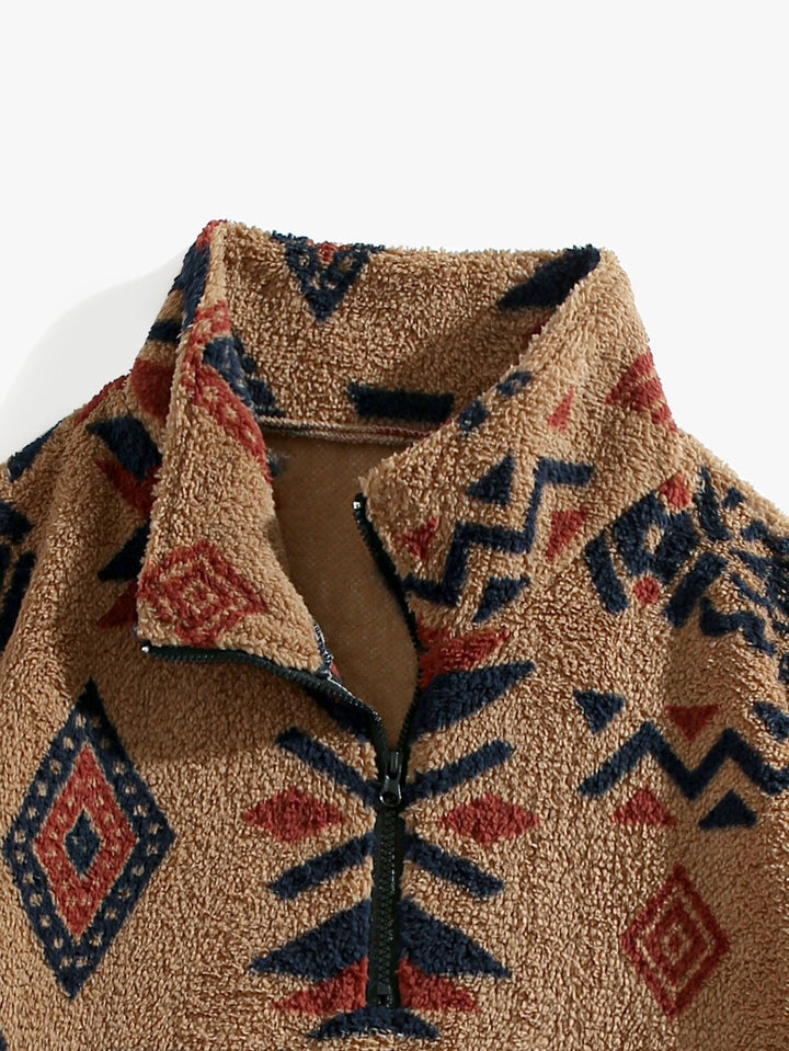 Modesto | Jersey de borreguito con cuello alto, cremallera corta y dibujo azteca