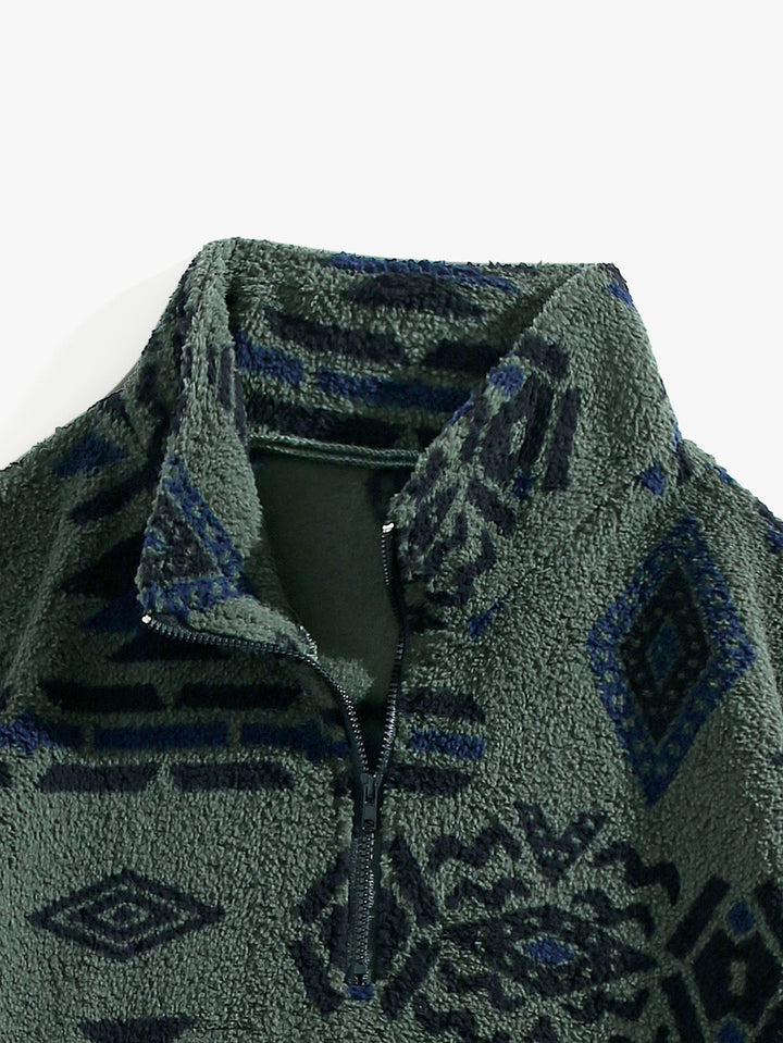 Modesto | Jersey de borreguito con cuello alto, cremallera corta y dibujo azteca