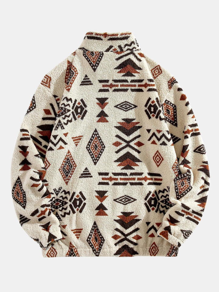 Modesto | Jersey de borreguito con cuello alto, cremallera corta y dibujo azteca