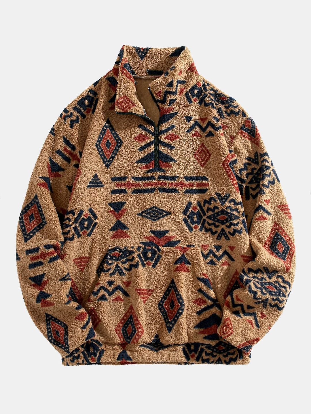 Modesto | Jersey de borreguito con cuello alto, cremallera corta y dibujo azteca