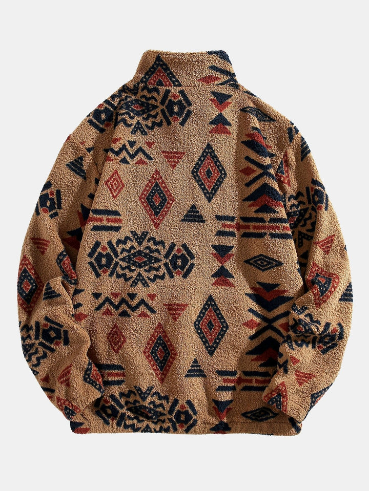 Modesto | Jersey de borreguito con cuello alto, cremallera corta y dibujo azteca