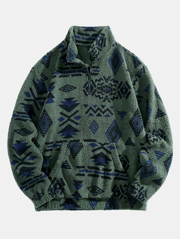 Modesto | Jersey de borreguito con cuello alto, cremallera corta y dibujo azteca