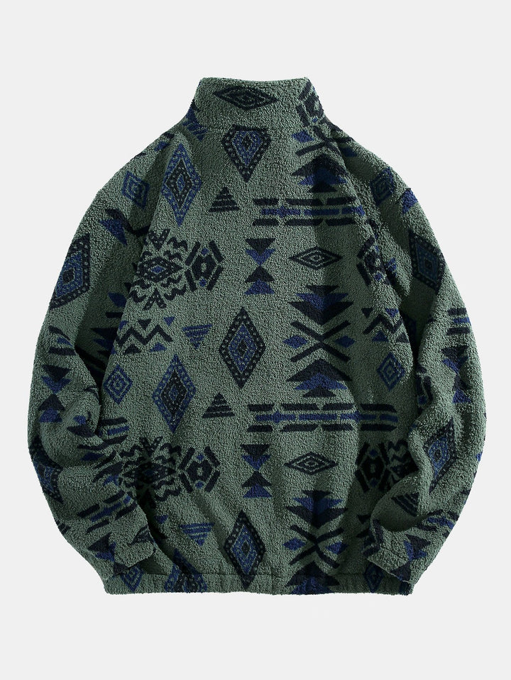 Modesto | Jersey de borreguito con cuello alto, cremallera corta y dibujo azteca