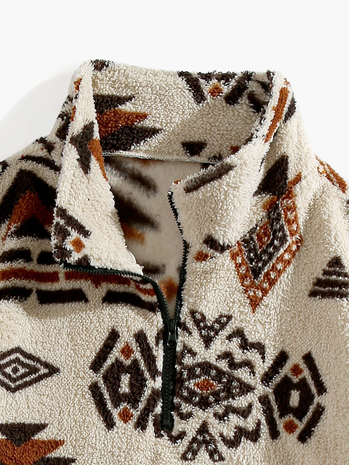 Modesto | Jersey de borreguito con cuello alto, cremallera corta y dibujo azteca