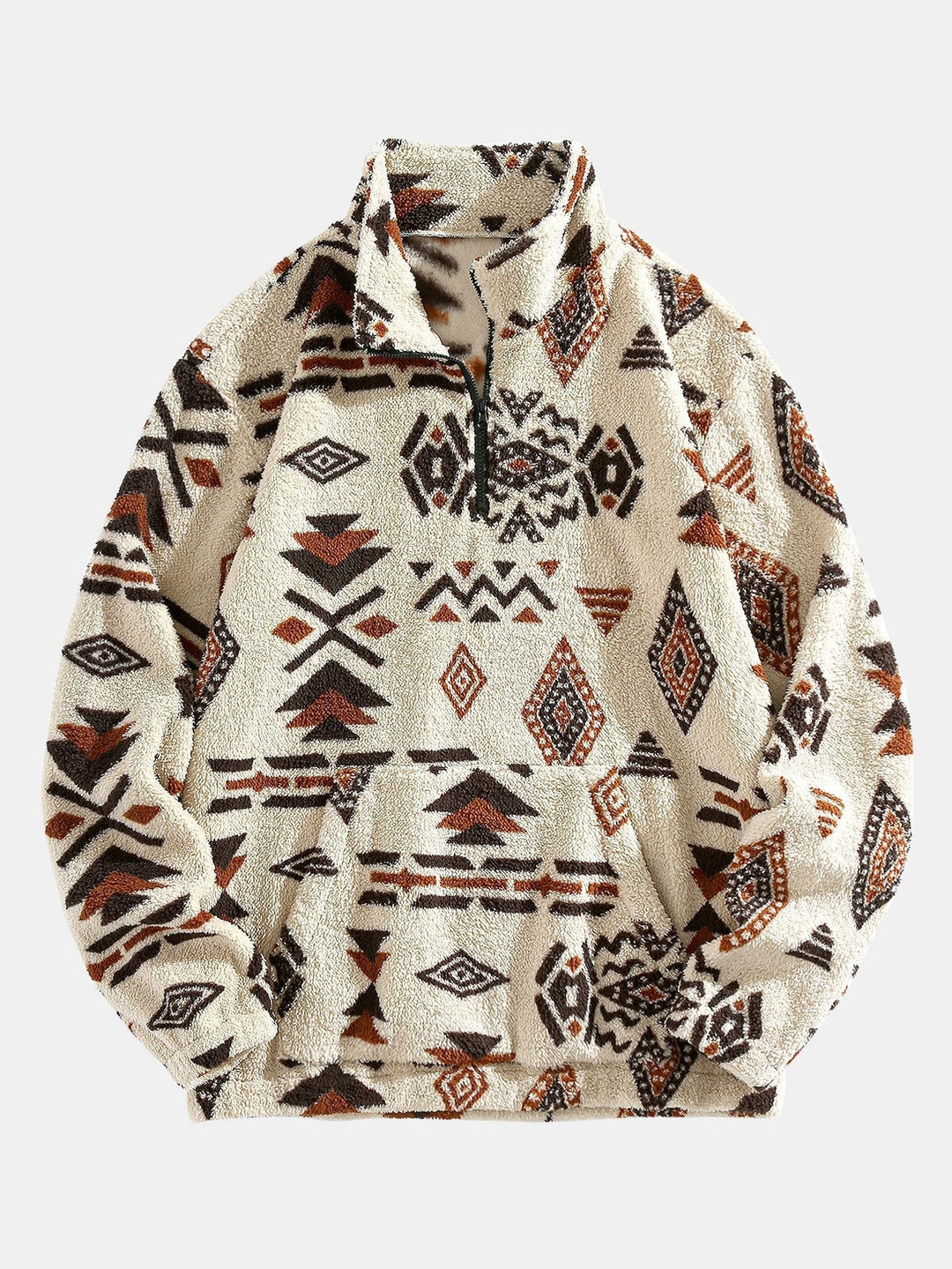 Modesto | Jersey de borreguito con cuello alto, cremallera corta y dibujo azteca