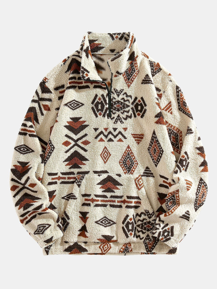 Modesto | Jersey de borreguito con cuello alto, cremallera corta y dibujo azteca