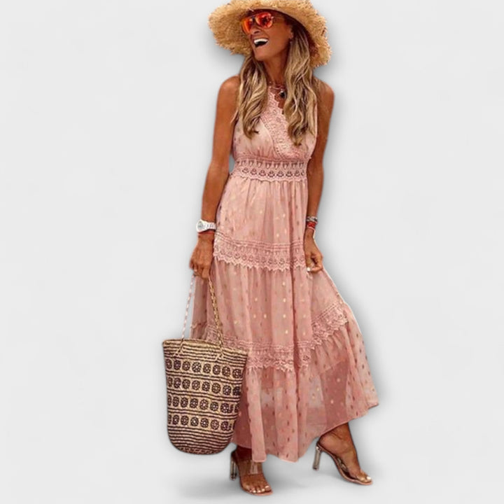 Celia | Vestido maxi boho con detalles de encaje