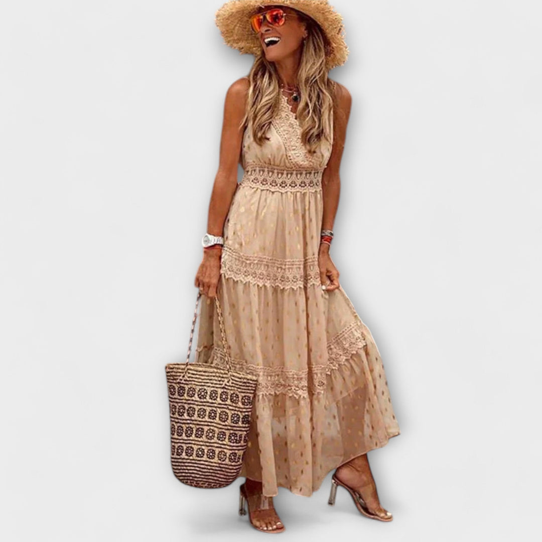 Celia | Vestido maxi boho con detalles de encaje