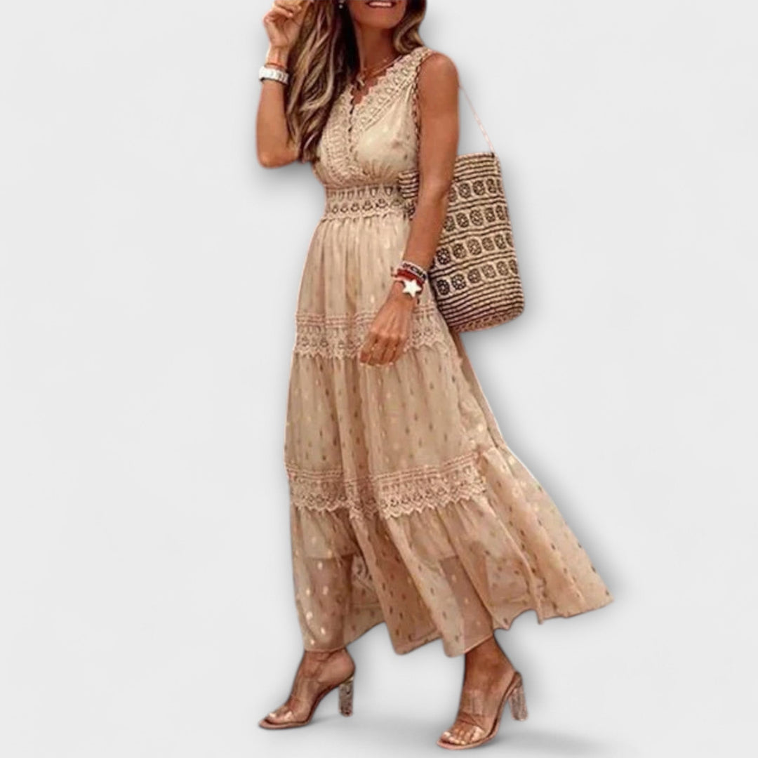 Celia | Vestido maxi boho con detalles de encaje