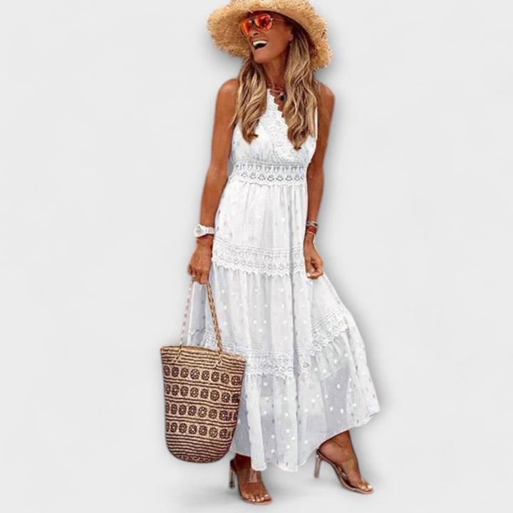 Celia | Vestido maxi boho con detalles de encaje