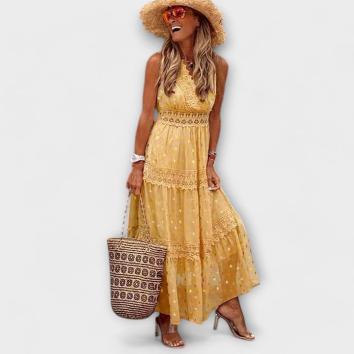 Celia | Vestido maxi boho con detalles de encaje