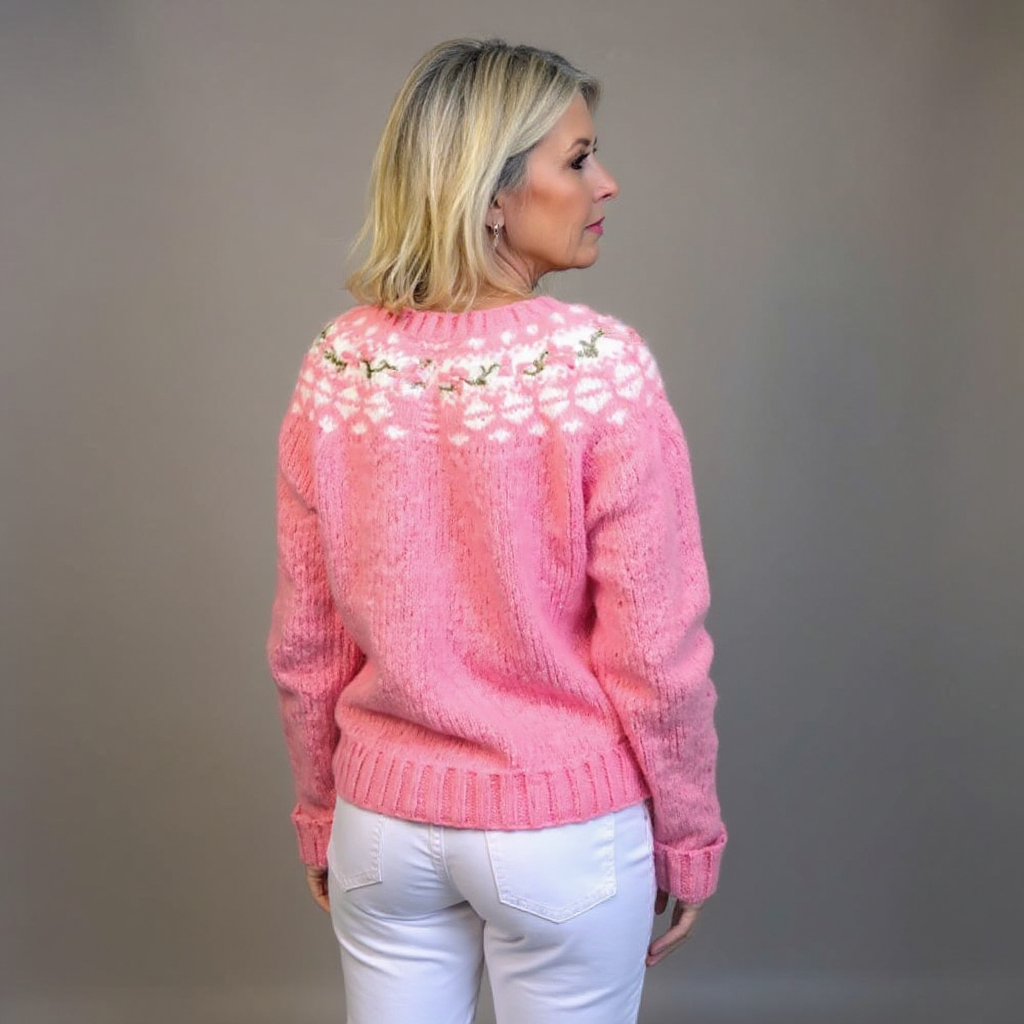 Natividad | Cárdigan islandés rosa con bordado floral