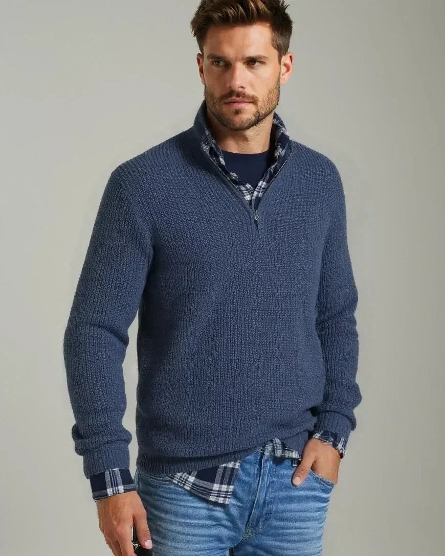 Primitivo | Jersey azul marino texturizado con media cremallera