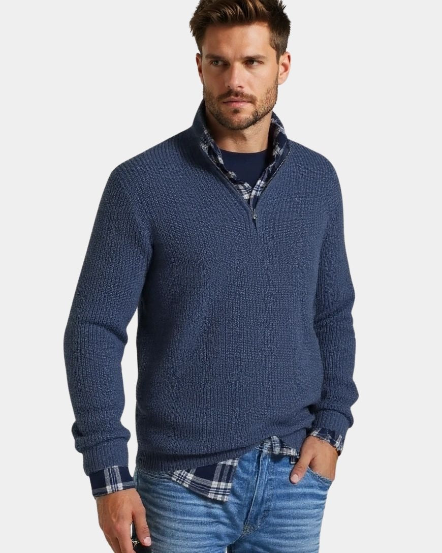 Primitivo | Jersey azul marino texturizado con media cremallera