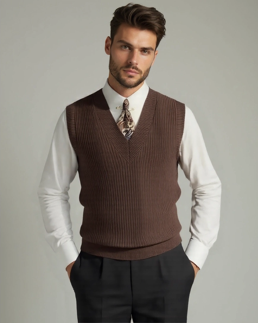 Rufino | Chaleco de punto marrón con cuello de pico