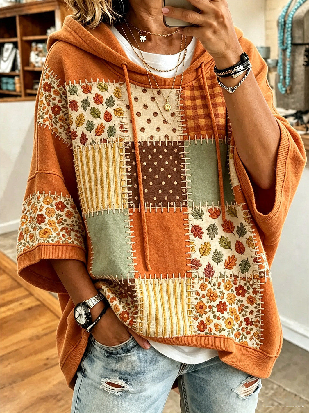 Marta | Sudadera naranja calabaza con motivos de otoño