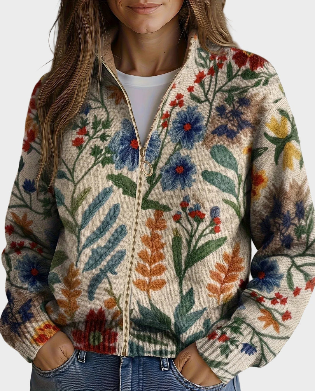 Tabita | Cárdigan con cremallera y flores silvestres dibujadas