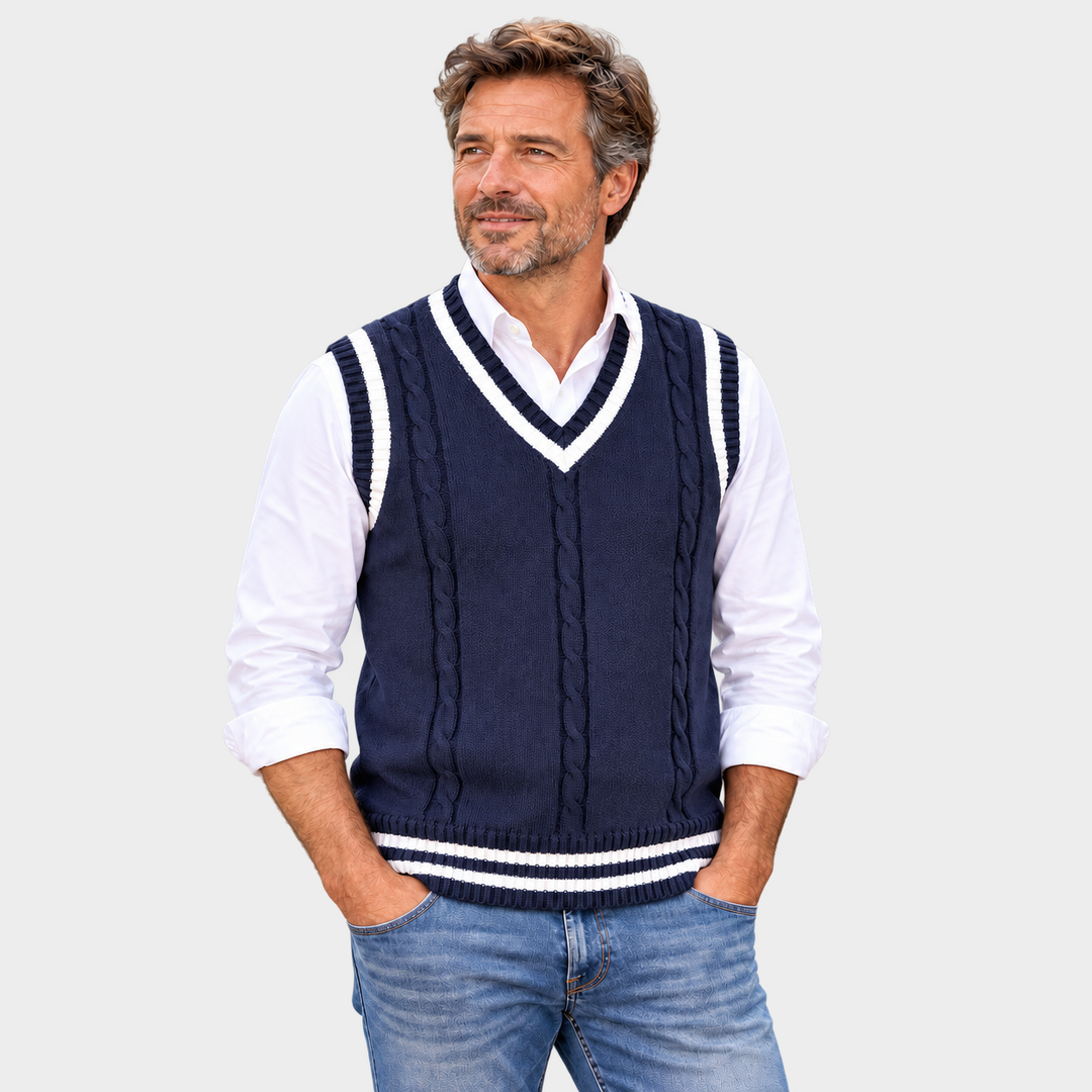 Teófilo | Chaleco de punto azul marino con cuello de pico