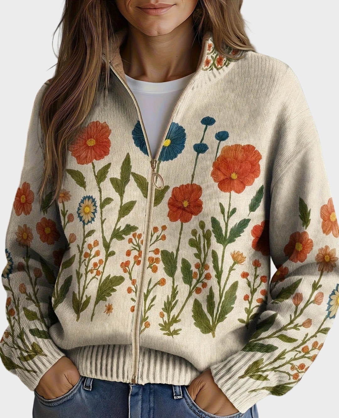 Nieves | Cárdigan con cremallera y flores silvestres